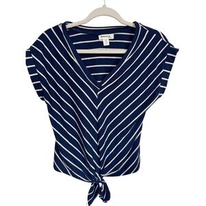Monteau Navy White Stripe V-Neck Front Tie Top Casual Knit Tee Tshirt Women's‎ M